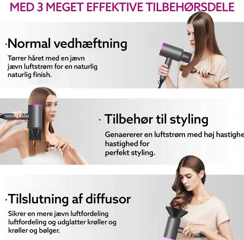 Professionel hårtørrer der tørrer håret hurtigt og giver mere volumen