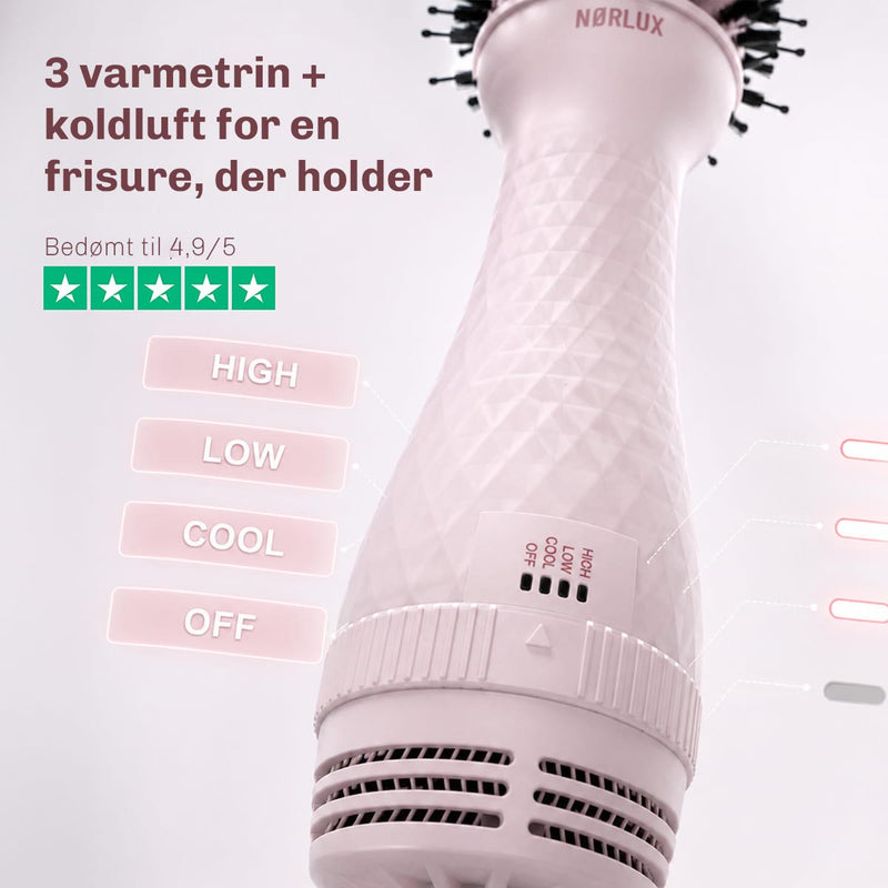 Ionisk varmluftsbørste med ionteknologi, der reducerer krus og giver håret ekstra glans.