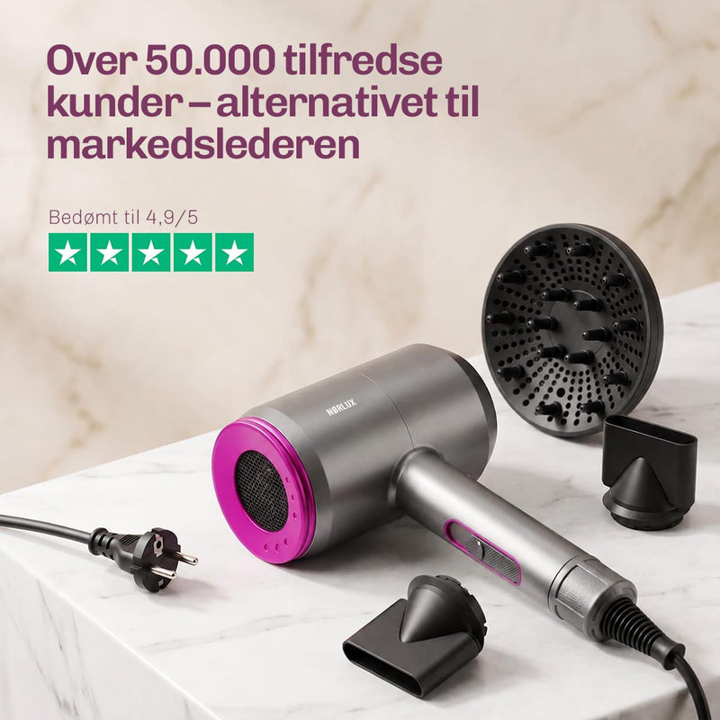 Professionel AirFusion hårtørrer fra NØRLUX til hurtig tørring, mindre krus og smukt glansfuldt hår.